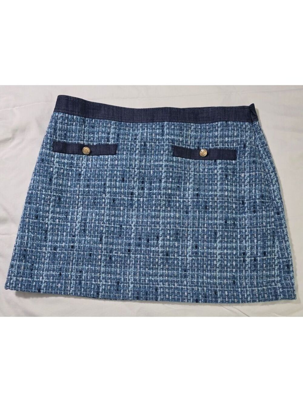 LOFT Women's Size 16 Blue Tweed Mini Skirt with Navy Trim